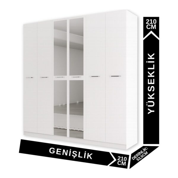 AE-2191 Hisar Beyaz/beyaz Aynalı 6 Kapaklı Çok Bölmeli Askılı ve Raflı Geniş Hacimli Gardırop 210X210 cm