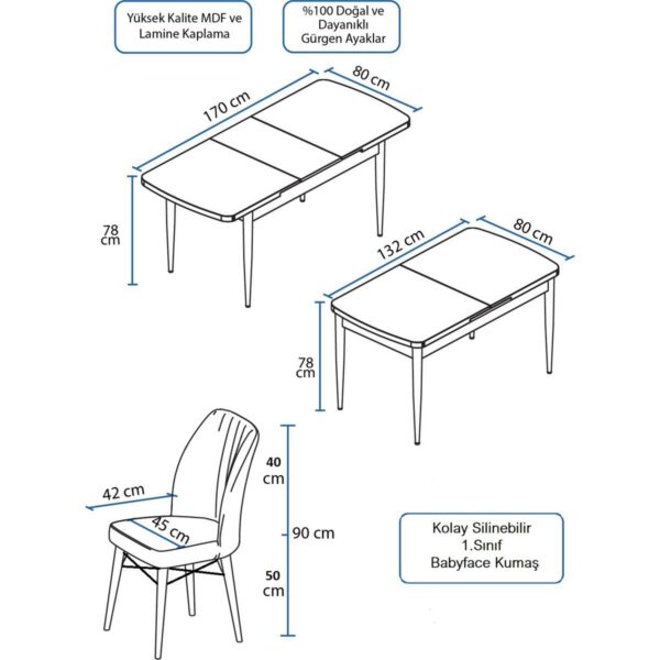 Concept Eva Serisi 80 x 132 cm Açılabilir Mdf Mutfak Masa Takımı Beyaz Masa ve 6 Sandalye