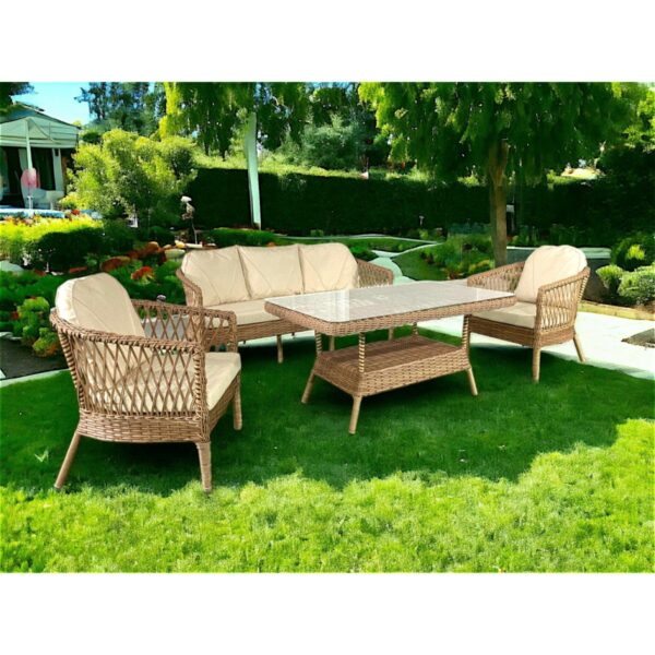 Monalin Mobilya Monalin Home Garden Miami 5 Kişilik(3-1-1-Masa) Rattan Örgü Bahçe & Balkon & Teras Oturma Grubu Minderli & Camlı & Masalı Takım