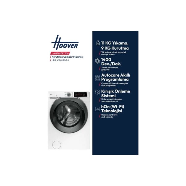 Hoover HDQ 4119AMBS/1-S 11 kg Yıkama 9 kg Kurutma Wi-Fi Bağlantılı 1400 Devir Kurutmalı Çamaşır Makinesi