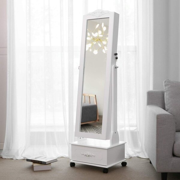 Songmics Songmıcs Tekerlekli ve LED Aydınlatmalı Kilitlenebilir Mücevher Dolabı, Beyaz, JBC61W