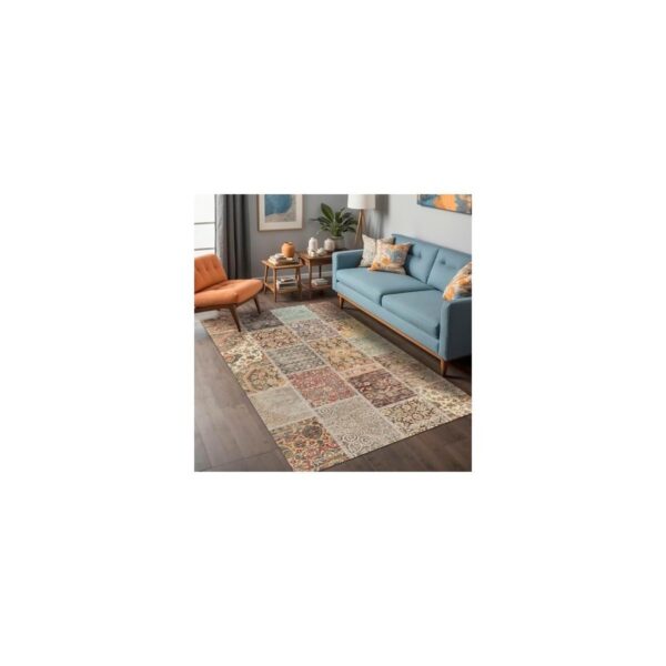 Trendy Pazars Dizayn Nadine Patchwork Desenli Şönil Pamuk Tabanlı Yıkanabilir Kaymaz Antibakteriyel Salon Halısı 80X150