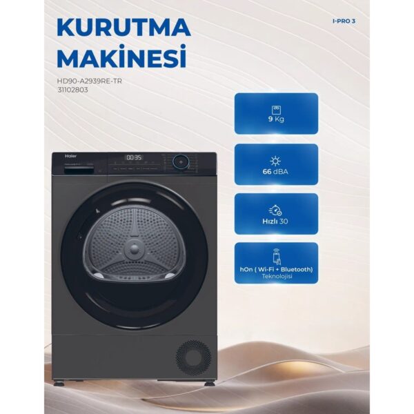 Haier HD90-A2939RE-TR 9 kg Wi-Fi Bağlantılı Isı Pompalı Kurutma Makinesi E Enerji Sınıfı