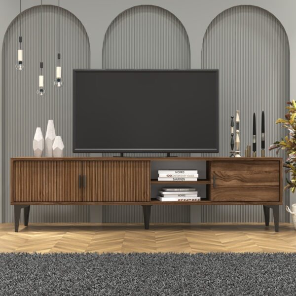 Cool Home Marin Tv Ünitesi 180 cm – Orta Sehpa Seti Çizgi Desenli , Raflı , Ceviz (Sandık)