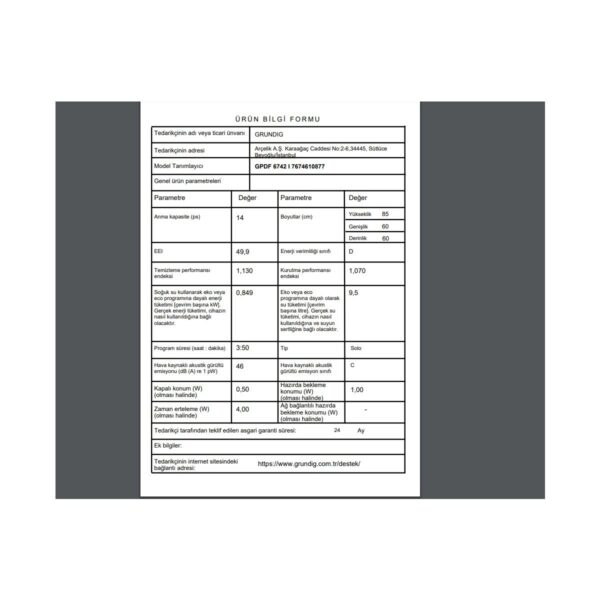Grundig Gpdf 6742 I D Enerji Sınıfı 14 Kişilik 6 Programlı Bulaşık Makinesi Gri
