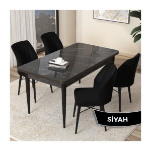 Concept Arp Serisi, Siyah Mermer Desen Masa 71 x 110 cm Sabit Mutfak Masası Takımı, 4 Sandalye