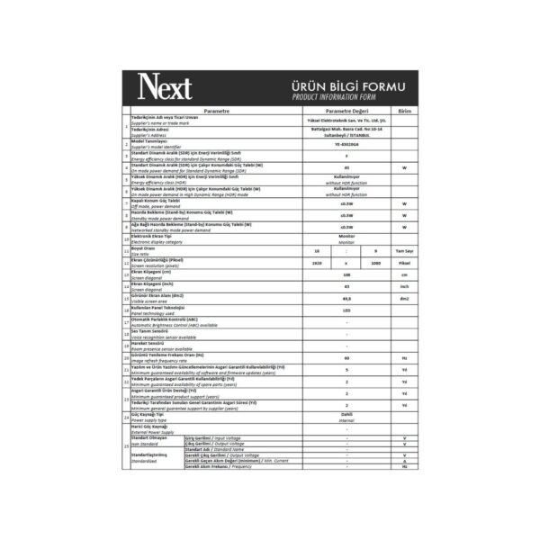 Next YE-43020G6 43″ 109 Ekran Uydu Alıcılı Full HD LED TV