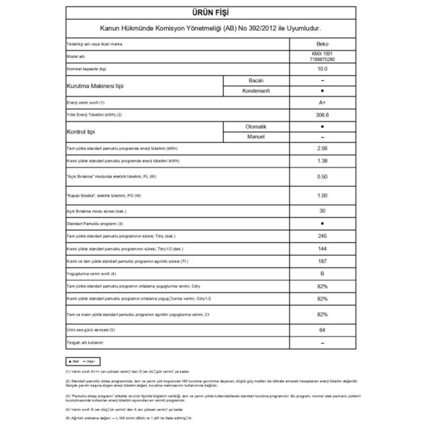 Beko KMX 1001 10 Kg Kurutma Makinesi