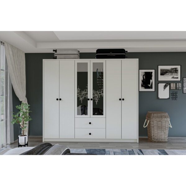 Metalia Gm 036 Lüx 6 Kapı 2 Çekmeceli Düğme Kulplu Aynalı Gardırop
