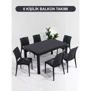 Mandella 90 x 150 6 Kişilik Antrasit Plastik Bahçe Mobilyası Mutfak Balkon Takımı