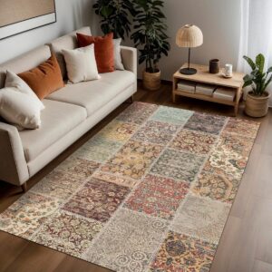 Trendy Pazars Dizayn Nadine Patchwork Desenli Şönil Pamuk Tabanlı Yıkanabilir Kaymaz Antibakteriyel Salon Halısı 80X150