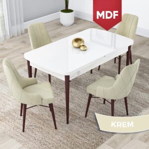 Concept Lia Serisi,MDF 80 x 132 cm Açılabilir Mutfak Masa Takımı, Beyaz Masa Ceviz Ayak 4 Sandalye