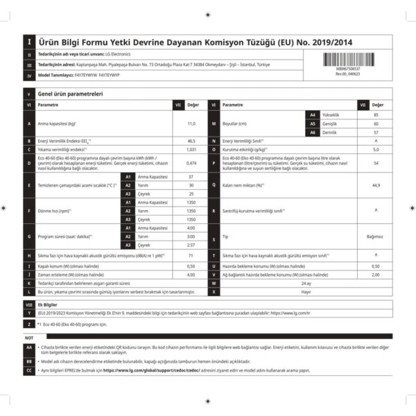 Lg F4Y7EYWYP 11 kg 1400 Devir Çamaşır Makinesi