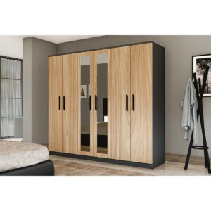 Metalia Gm 088 6 Kapılı Aynalı Sonomo - Antrasit Gri Siyah Kulplu Gardırop
