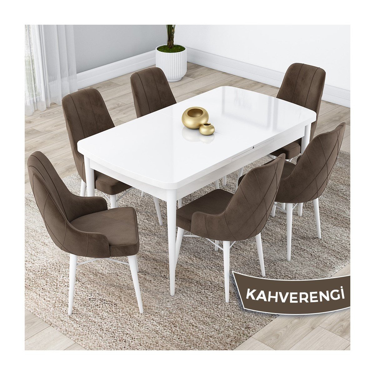 Concept Kar Serisi, 80X132 Açılabilir Mdf Mutfak Masa Takımı, Beyaz Masa 6 Sandalye