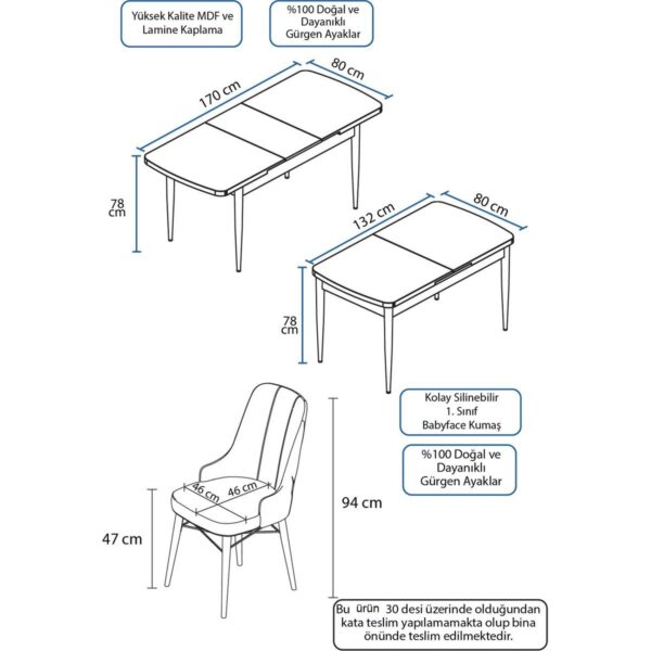 Concept Are Serisi, 80X132 Açılabilir Mdf Masa, Barok Ahşap Desenli Mutfak Masa Takımı, 6 Sandalye