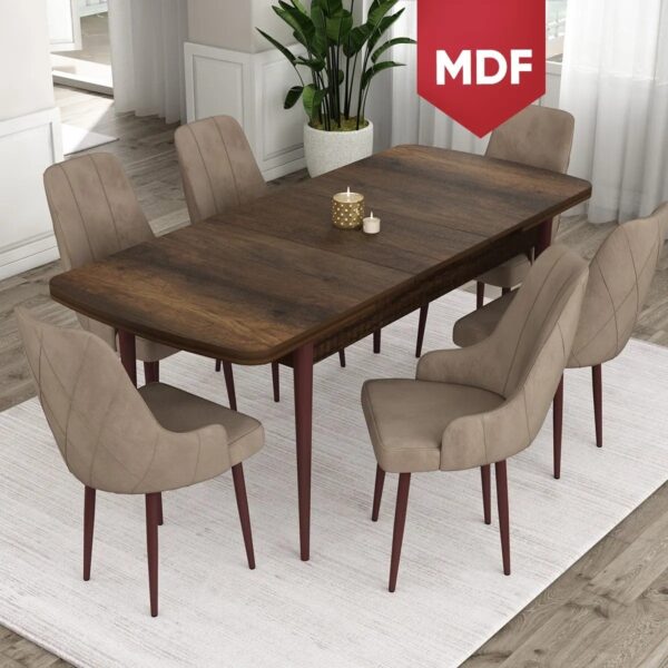 Concept Ram Serisi MDF 80 x 132 cm Açılabilir Masa Takımı, Barok Ahşap Desen Masa 6 Sandalye
