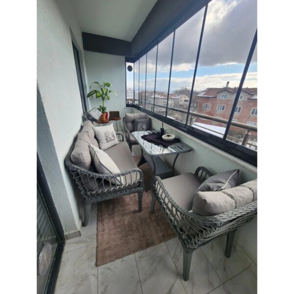 Kaş 2+1+1+Sehpa Bahçe Balkon Mobilyası,Gri Kumaş / Gri Rattan