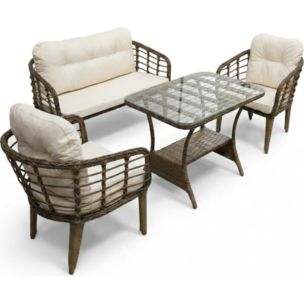 Kartepe 2 1 1 Rattan Bahçe Balkon Takımı,kahve Örgü/krem Kumaş