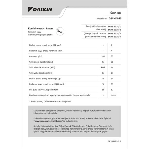 Daikin Ndj Smart Premix 35 kW Tam Yoğuşmalı Kombi + Hermetik Baca Isıtma Tekniği