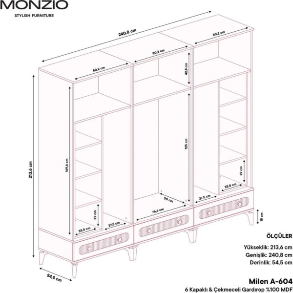 Monzio Milen 6 Kapaklı Çekmeceli Gardırop Tamamı MDF