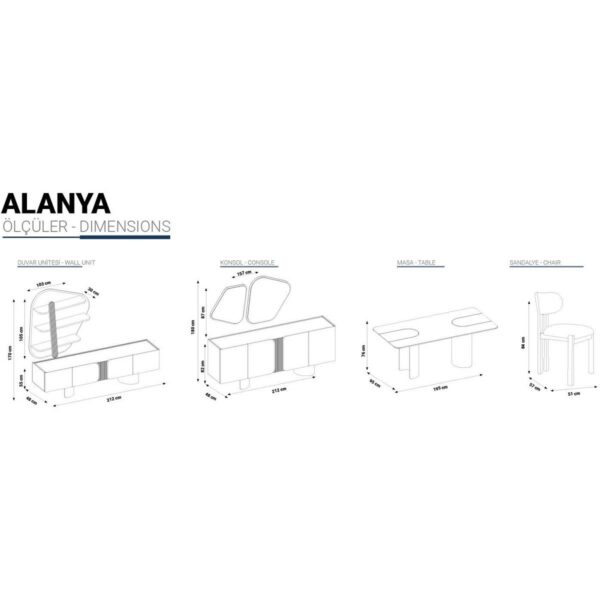 Alanya Yemek Odası Modern Tasarım MDF Malzeme 195x95x76 cm Boyutlarıyla