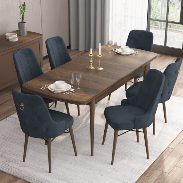 Concept Are Serisi, 80X132 Açılabilir Mdf Masa, Barok Ahşap Desenli Mutfak Masa Takımı, 6 Sandalye